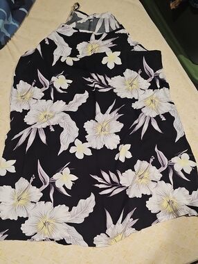 Black Floral 100% Viscose Halter Dress with White and Pale Yellow Blooms.